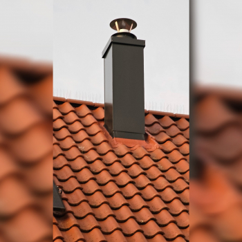 Rotes Satteldach mit schwarz verkleidetem Kamin